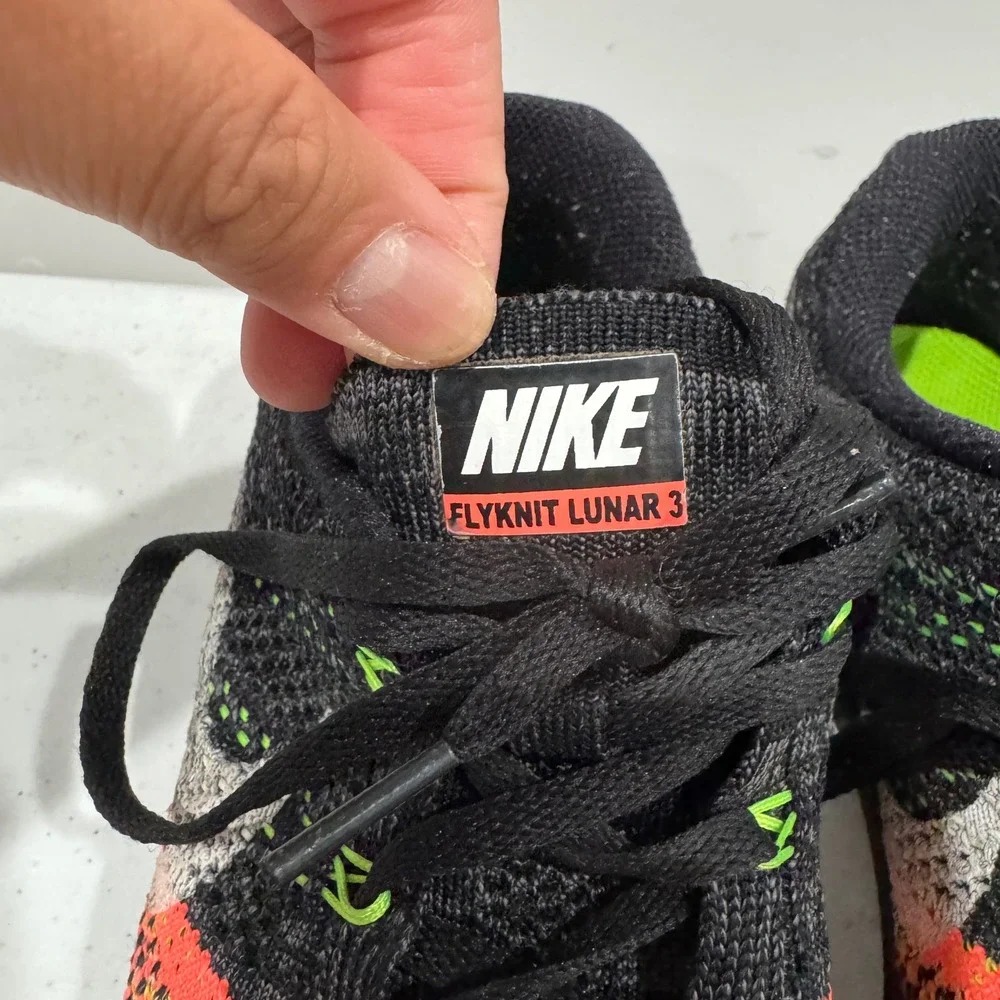 Nike Flyknit Lunar 3 Mens 8 Running Shoes Black Orange Volt Mesh 698181-006